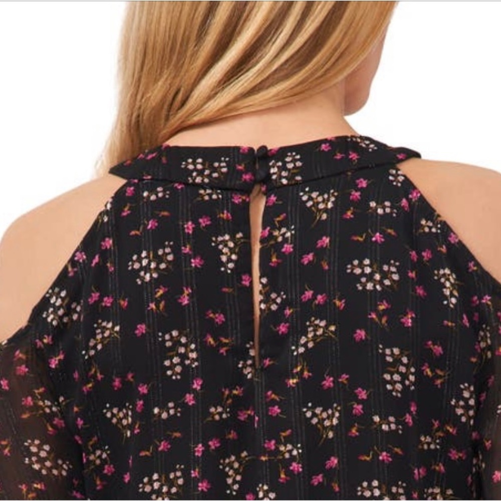 CeCe Cold Shoulder Black Floral Blouse with Lurex Accents LARGE NWT - Picture 4 of 8